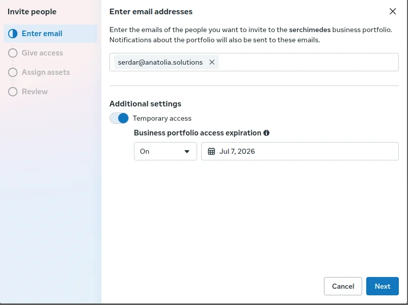 Step 2: Enter email and set 1-week duration